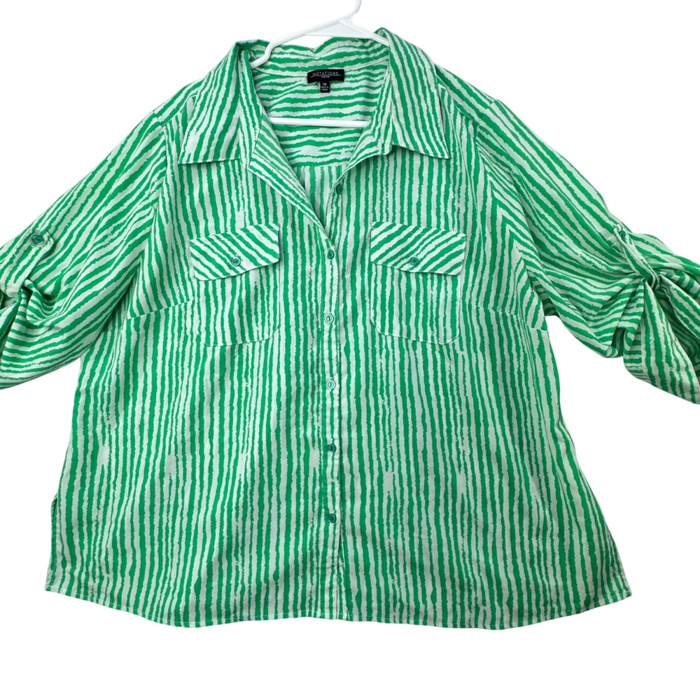 Notations Button Up Shirt Womens 3X Green Striped Roll Tab Sleeve Casual Office